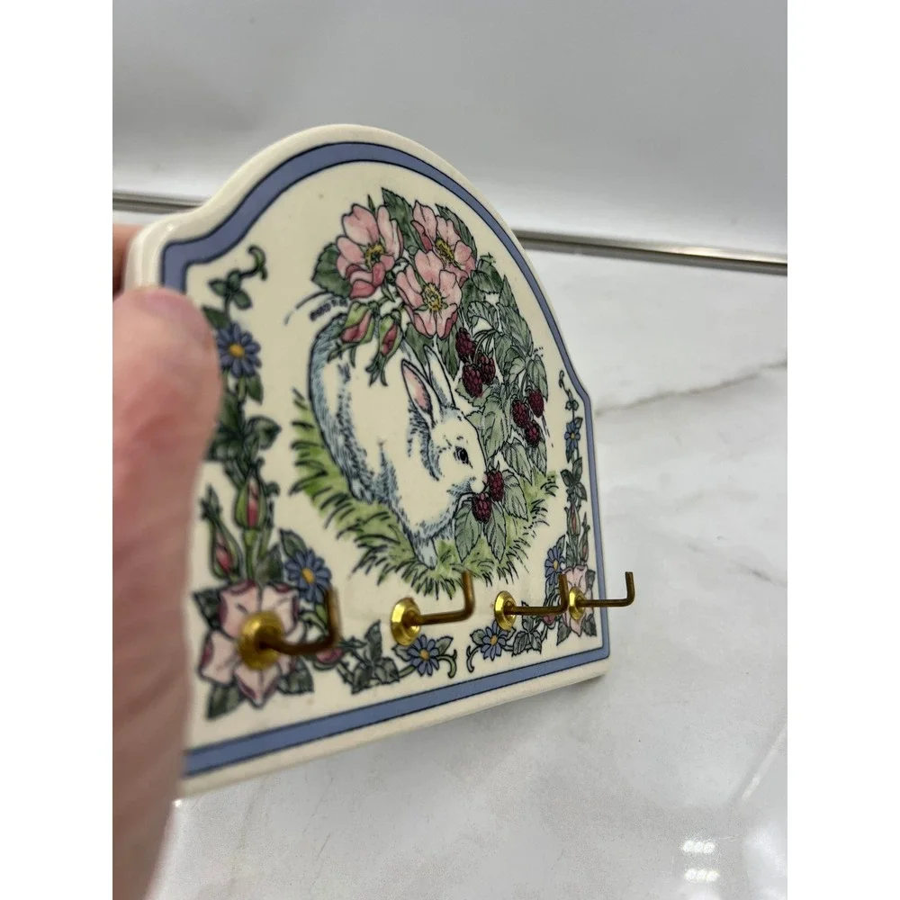 Vintage Ceramic Rabbit Key Rack Wall Hanging Blackberry Floral Bunny Plaque